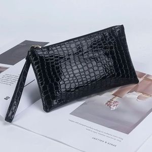 Black Crocodile Embossed Pattern Long Coin Purse with Wristlet